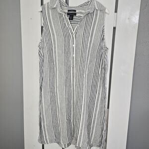Tahari Linen Striped Collar White Dress Tunic Womens 1X Coastal Casual Preppy